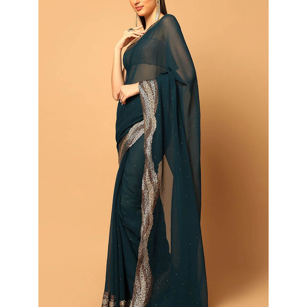 "Two Sisters" by Gyans Teal Blue Embroidered Saree with Unstitched Blouse