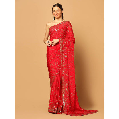 "Two Sisters" by Gyans Eternal Red Hand Embroidered Saree with Unstitched Blouse