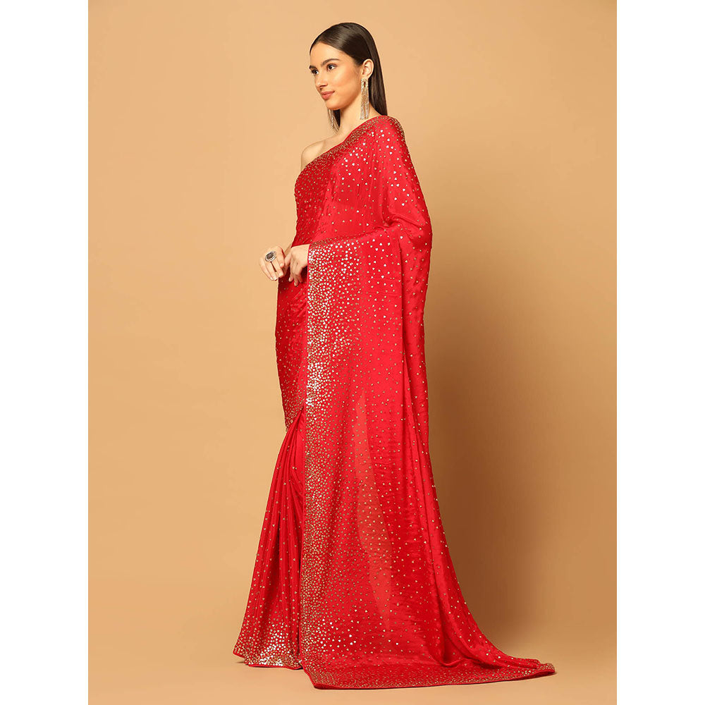 "Two Sisters" by Gyans Eternal Red Hand Embroidered Saree with Unstitched Blouse