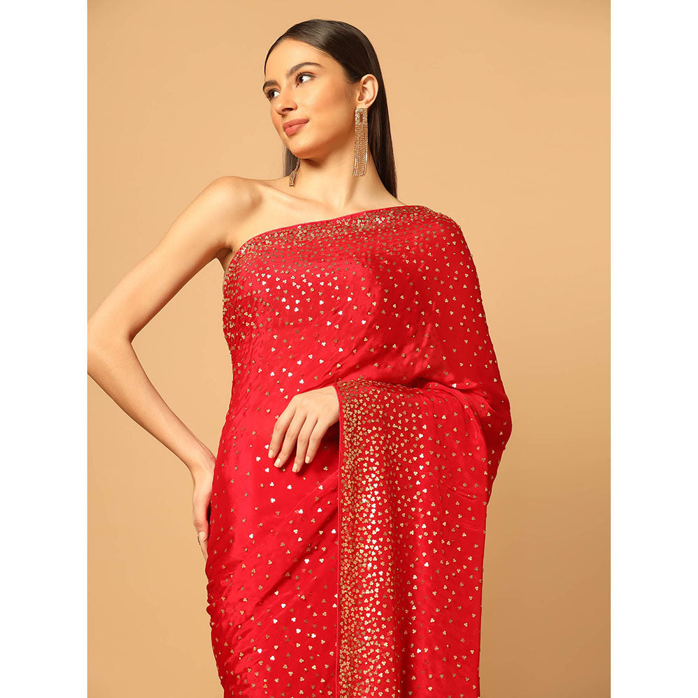 "Two Sisters" by Gyans Eternal Red Hand Embroidered Saree with Unstitched Blouse