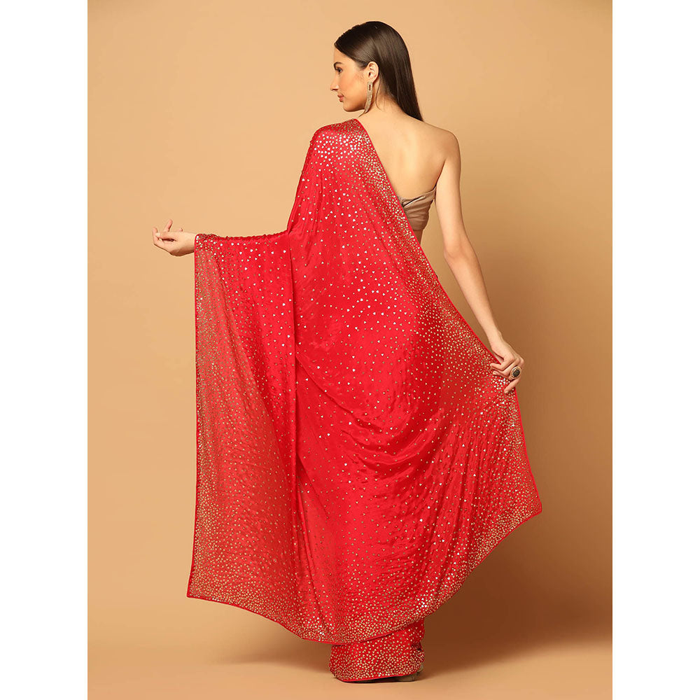 "Two Sisters" by Gyans Eternal Red Hand Embroidered Saree with Unstitched Blouse