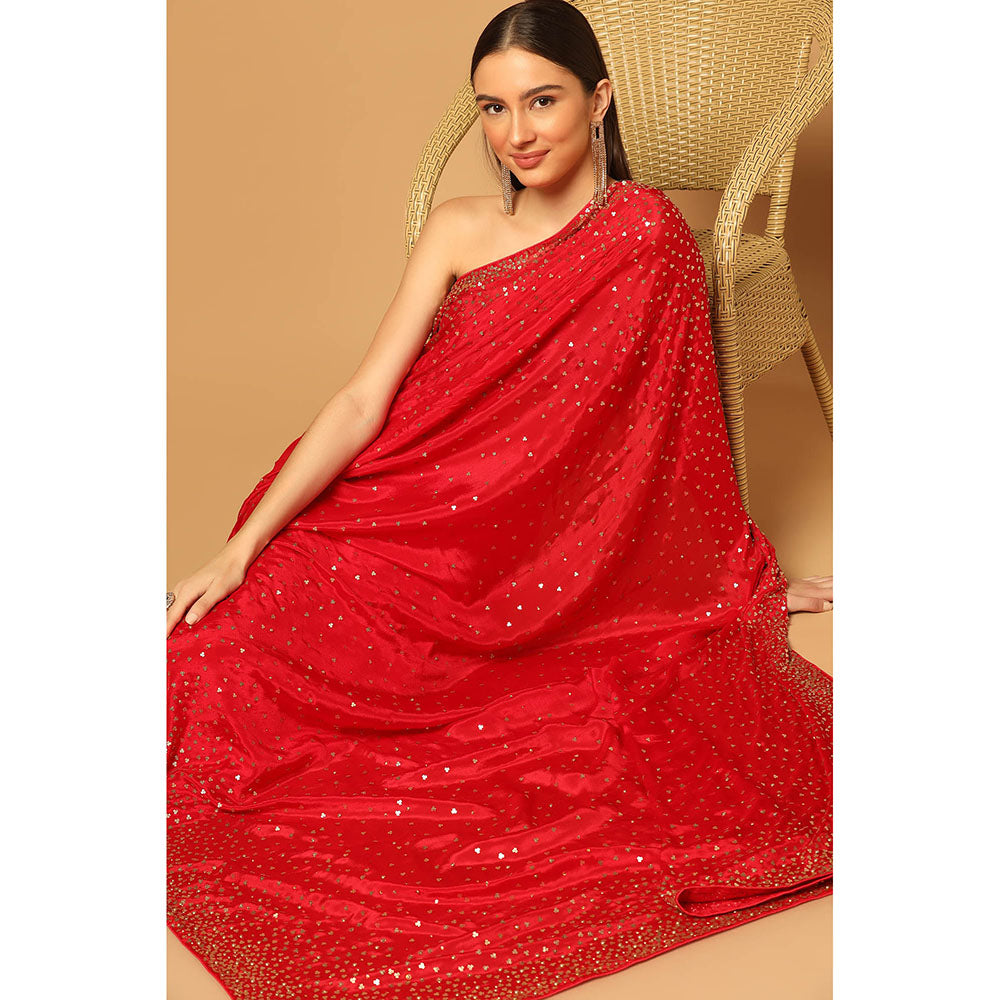"Two Sisters" by Gyans Eternal Red Hand Embroidered Saree with Unstitched Blouse