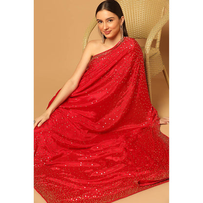 "Two Sisters" by Gyans Eternal Red Hand Embroidered Saree with Unstitched Blouse