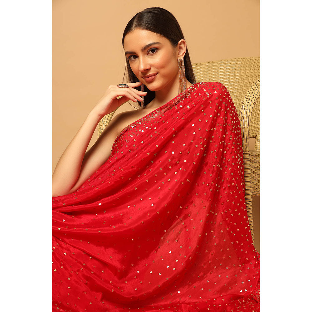 "Two Sisters" by Gyans Eternal Red Hand Embroidered Saree with Unstitched Blouse