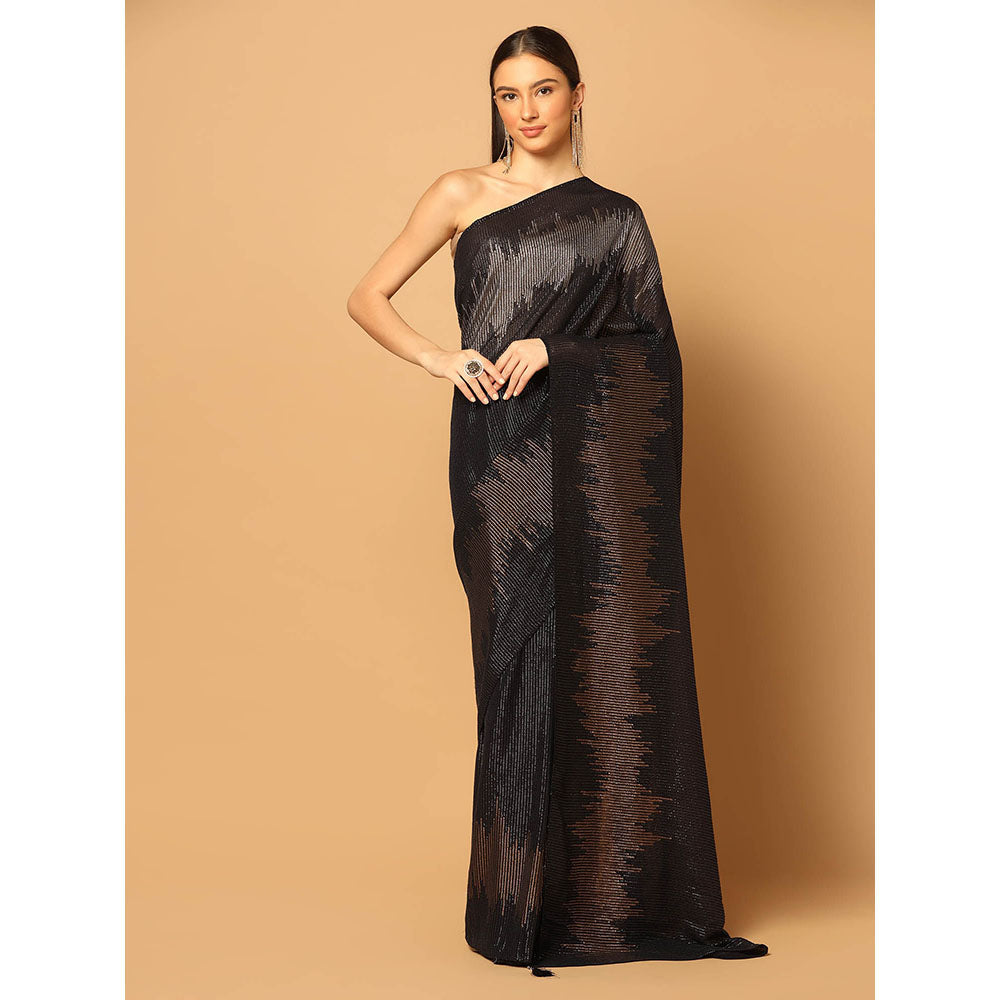 "Two Sisters" by Gyans Black Hand Embroidered Sequin Saree with Unstitched Blouse