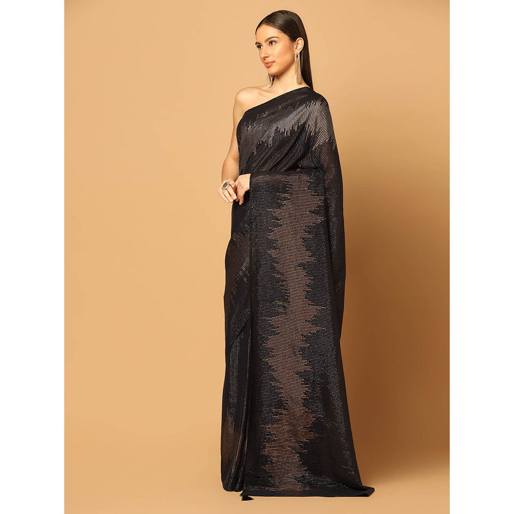 "Two Sisters" by Gyans Black Hand Embroidered Sequin Saree with Unstitched Blouse