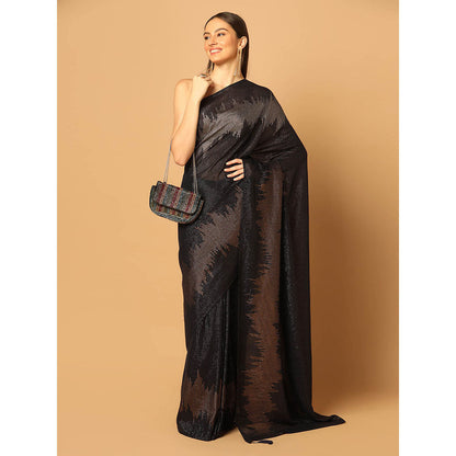 "Two Sisters" by Gyans Black Hand Embroidered Sequin Saree with Unstitched Blouse
