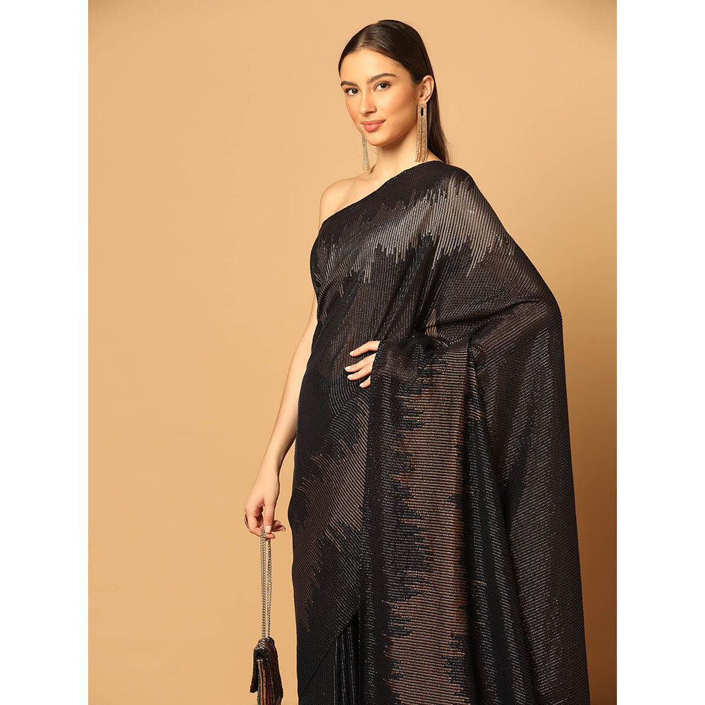 "Two Sisters" by Gyans Black Hand Embroidered Sequin Saree with Unstitched Blouse