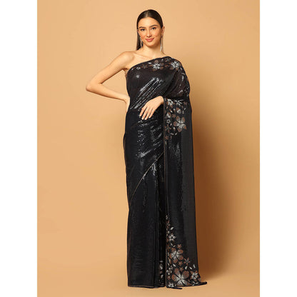 "Two Sisters" by Gyans Black Sequins and Crystal Floral Work Saree with Unstitched Blouse