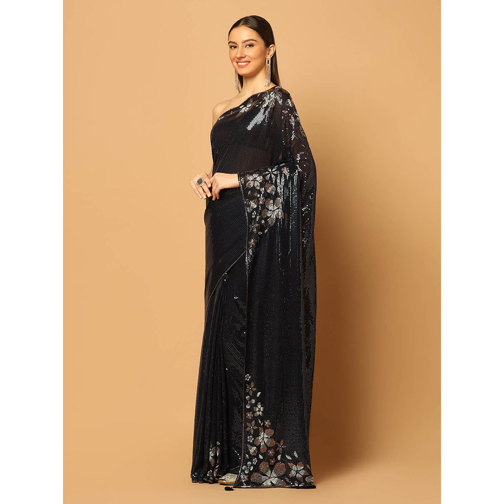 "Two Sisters" by Gyans Black Sequins and Crystal Floral Work Saree with Unstitched Blouse