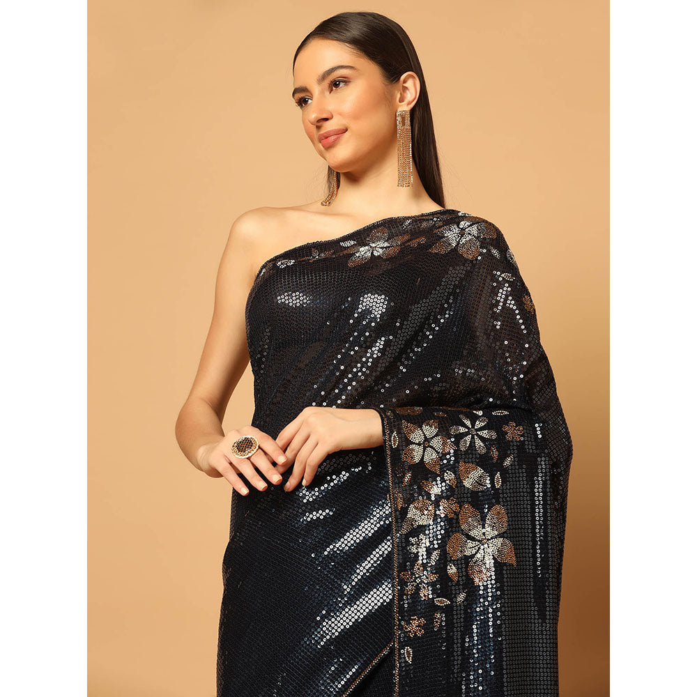 "Two Sisters" by Gyans Black Sequins and Crystal Floral Work Saree with Unstitched Blouse
