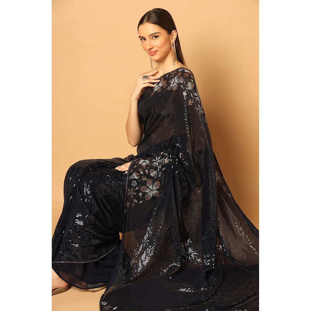 "Two Sisters" by Gyans Black Sequins and Crystal Floral Work Saree with Unstitched Blouse