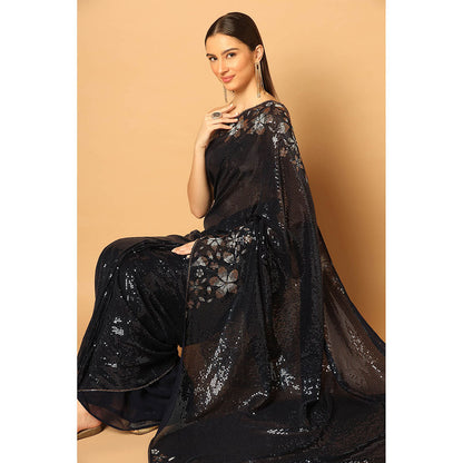 "Two Sisters" by Gyans Black Sequins and Crystal Floral Work Saree with Unstitched Blouse