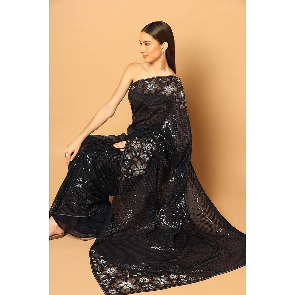 "Two Sisters" by Gyans Black Sequins and Crystal Floral Work Saree with Unstitched Blouse