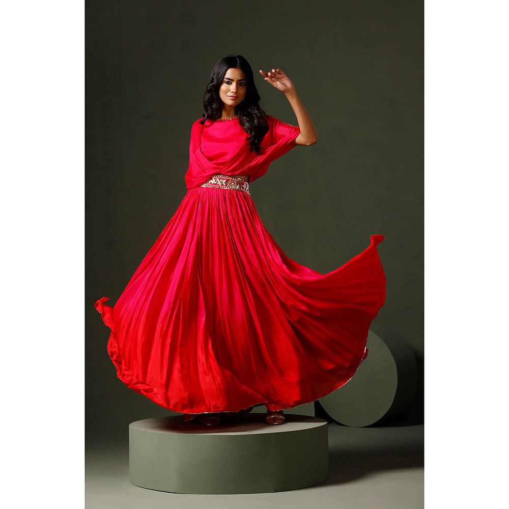 "Two Sisters" by Gyans Fuchsia Ombre Red Blouse with Lehenga (Set of 2)