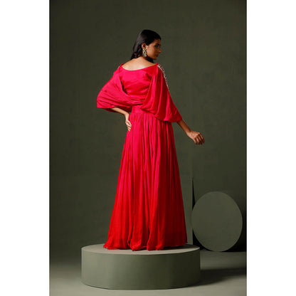 "Two Sisters" by Gyans Fuchsia Ombre Red Blouse with Lehenga (Set of 2)