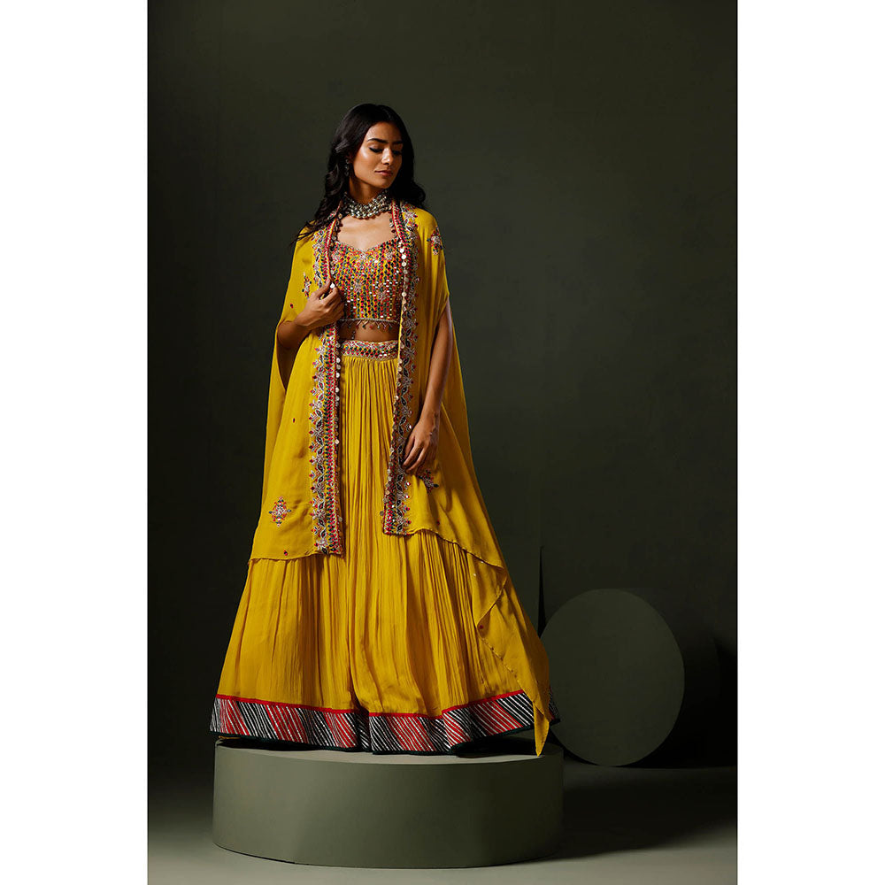 "Two Sisters" by Gyans The Yellow Nimbu Mirchi Lehenga with Blouse and Cape (Set of 3)