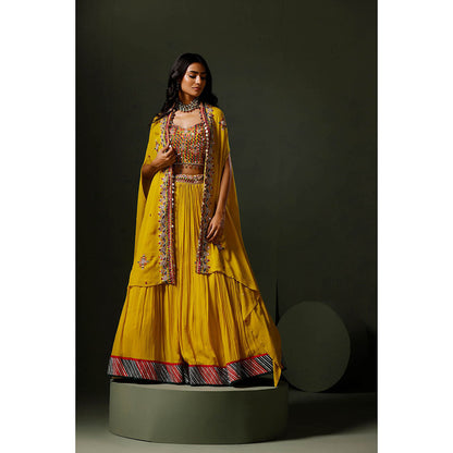 "Two Sisters" by Gyans The Yellow Nimbu Mirchi Lehenga with Blouse and Cape (Set of 3)