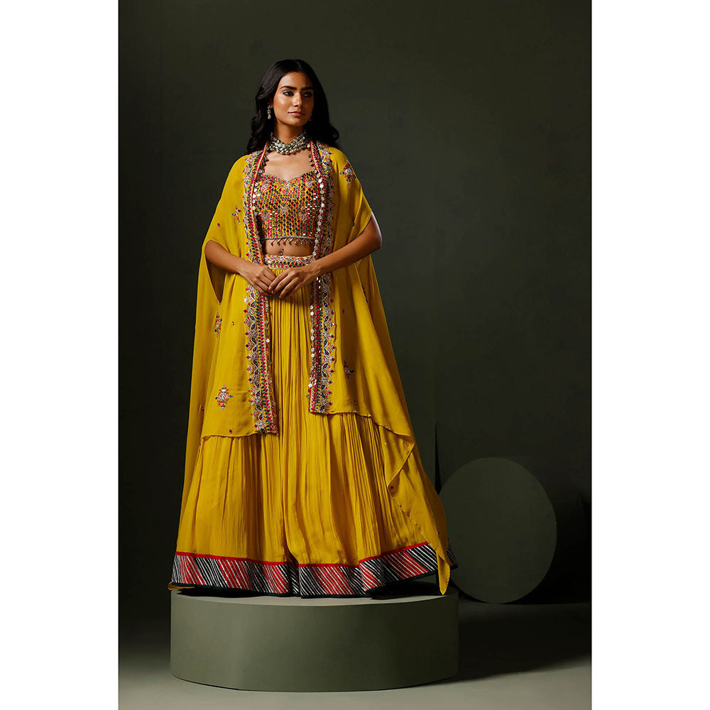 "Two Sisters" by Gyans The Yellow Nimbu Mirchi Lehenga with Blouse and Cape (Set of 3)