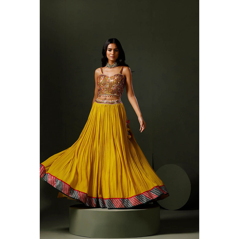 "Two Sisters" by Gyans The Yellow Nimbu Mirchi Lehenga with Blouse and Cape (Set of 3)