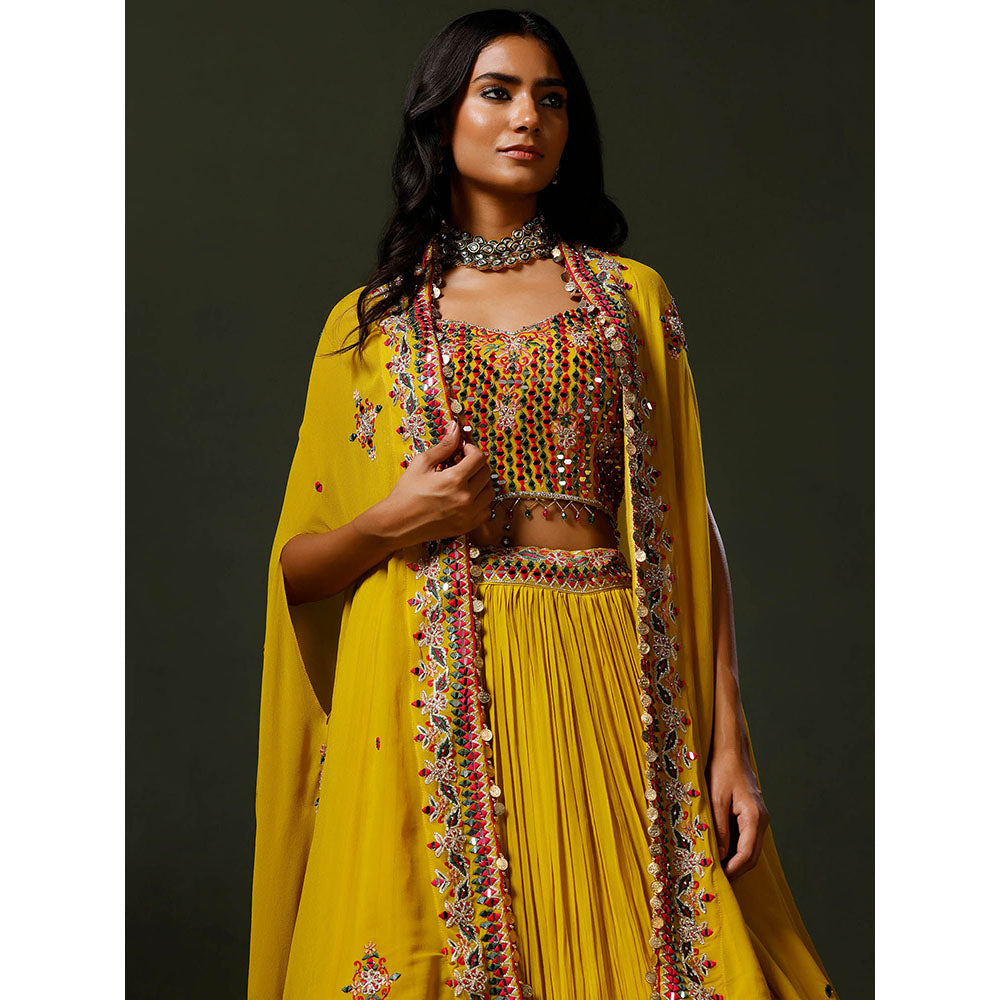 "Two Sisters" by Gyans The Yellow Nimbu Mirchi Lehenga with Blouse and Cape (Set of 3)