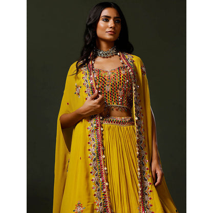 "Two Sisters" by Gyans The Yellow Nimbu Mirchi Lehenga with Blouse and Cape (Set of 3)