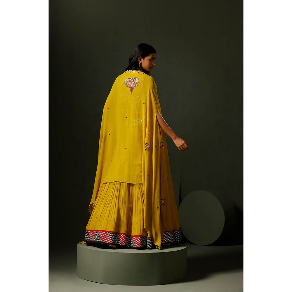 "Two Sisters" by Gyans The Yellow Nimbu Mirchi Lehenga with Blouse and Cape (Set of 3)