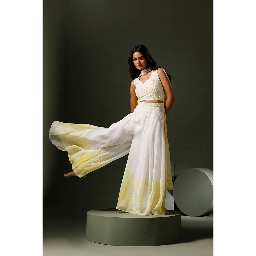 "Two Sisters" by Gyans White and Yellow Blouse with Sharara and Dupatta (Set of 3)