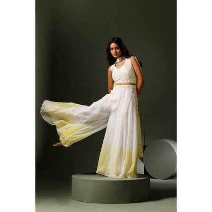 "Two Sisters" by Gyans White and Yellow Blouse with Sharara and Dupatta (Set of 3)