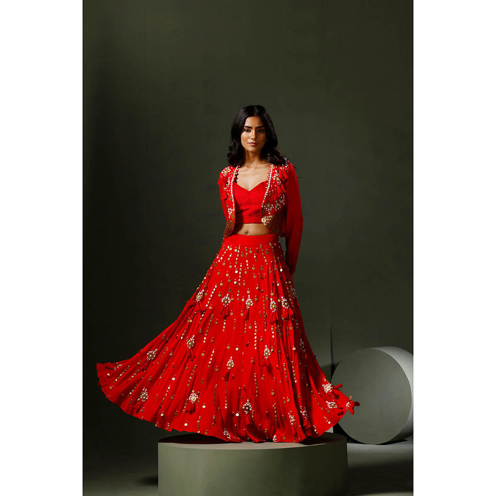 "Two Sisters" by Gyans The Red Son Chidiya Lehenga with Blouse and Jacket (Set of 3)