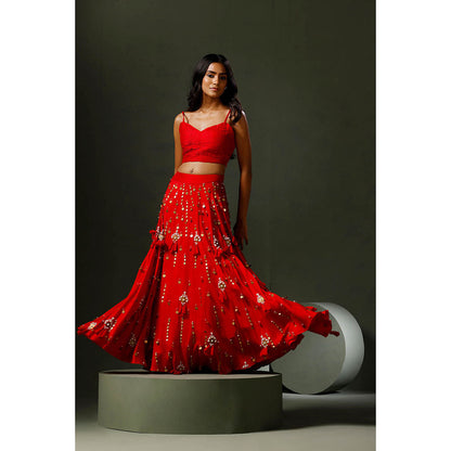 "Two Sisters" by Gyans The Red Son Chidiya Lehenga with Blouse and Jacket (Set of 3)