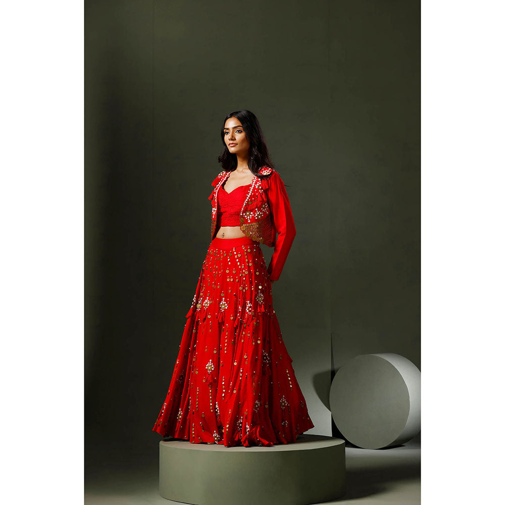 "Two Sisters" by Gyans The Red Son Chidiya Lehenga with Blouse and Jacket (Set of 3)