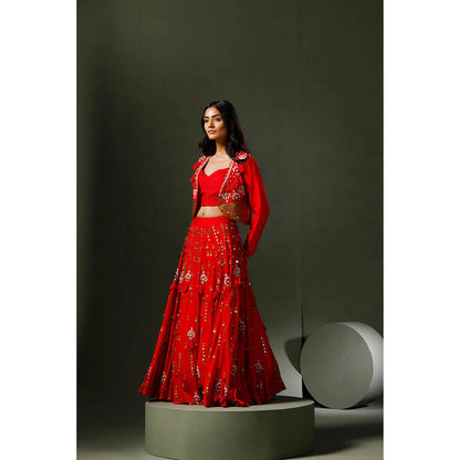 "Two Sisters" by Gyans The Red Son Chidiya Lehenga with Blouse and Jacket (Set of 3)