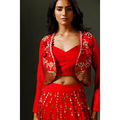 "Two Sisters" by Gyans The Red Son Chidiya Lehenga with Blouse and Jacket (Set of 3)