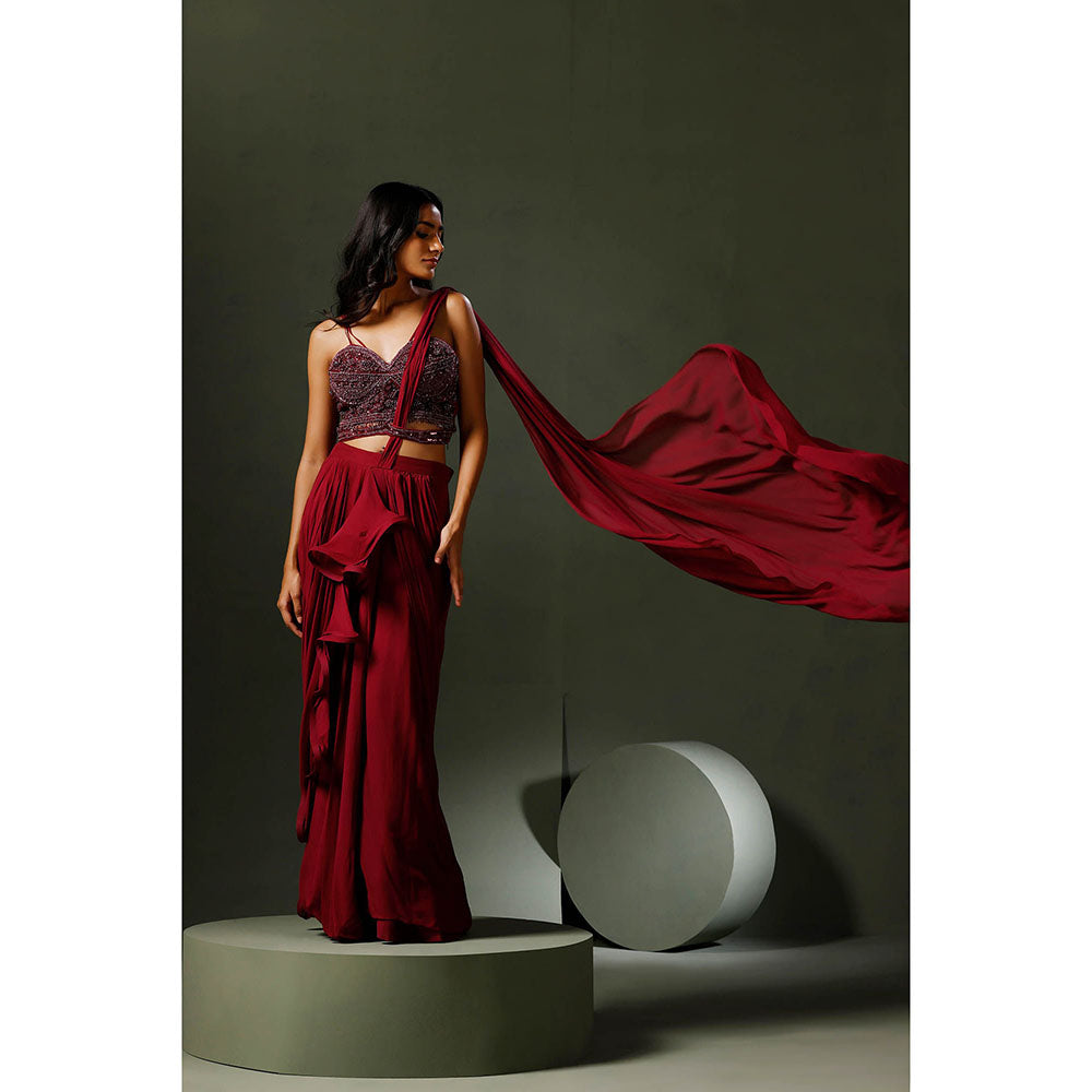 "Two Sisters" by Gyans Maroon Drape Saree with Stitched Blouse