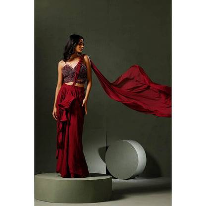 "Two Sisters" by Gyans Maroon Drape Saree with Stitched Blouse