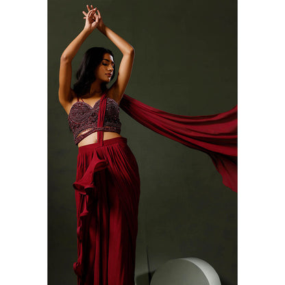 "Two Sisters" by Gyans Maroon Drape Saree with Stitched Blouse