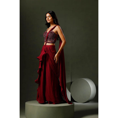 "Two Sisters" by Gyans Maroon Drape Saree with Stitched Blouse