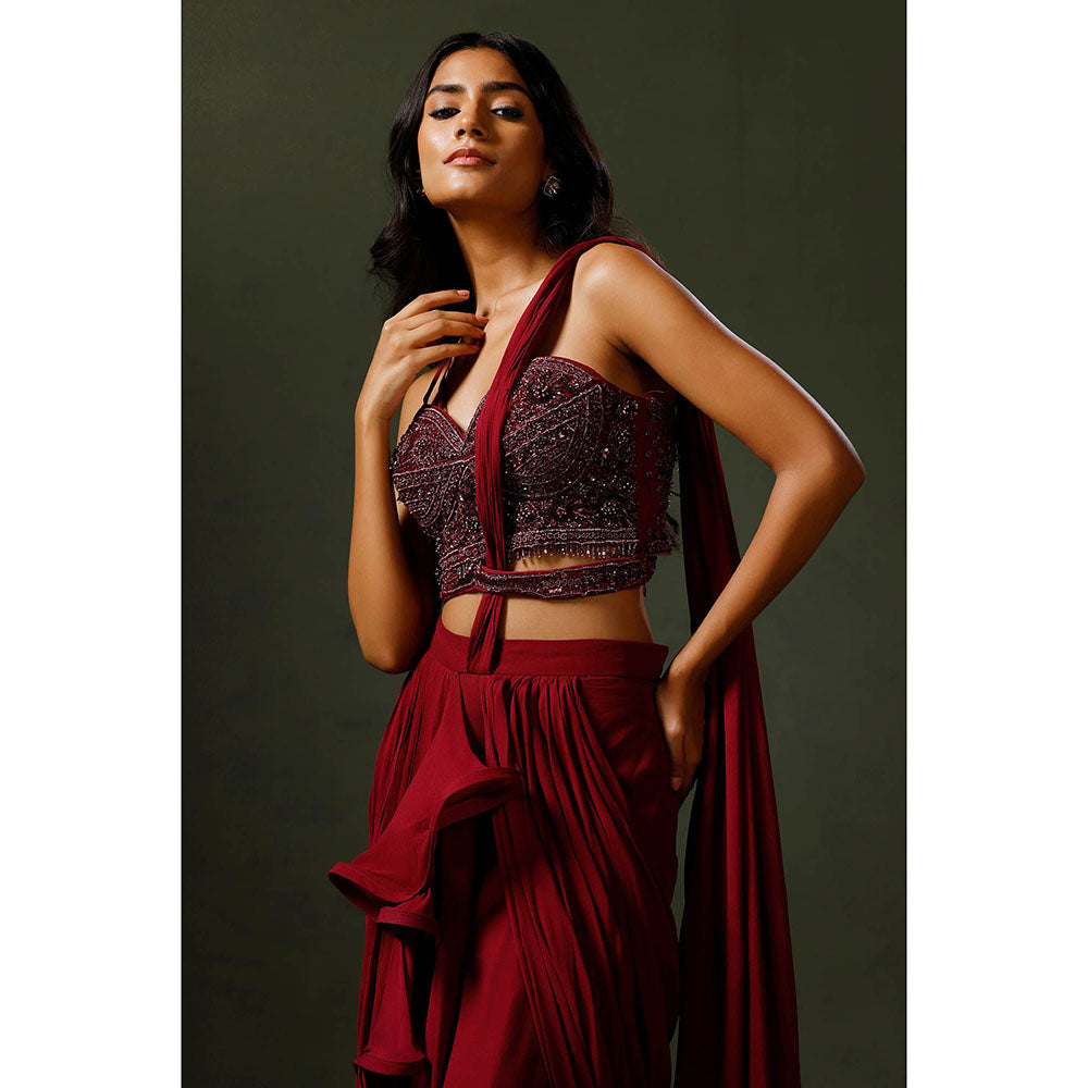 "Two Sisters" by Gyans Maroon Drape Saree with Stitched Blouse