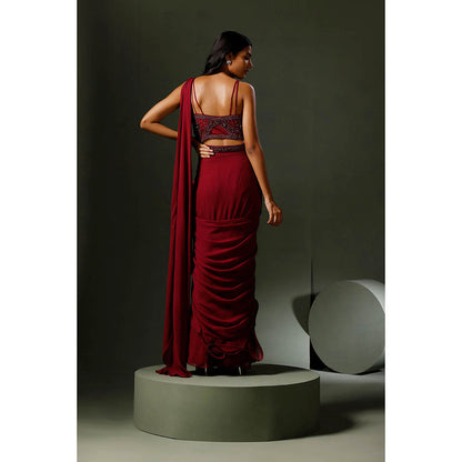 "Two Sisters" by Gyans Maroon Drape Saree with Stitched Blouse