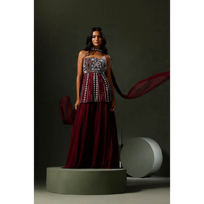 "Two Sisters" by Gyans Wine Peplum Tube Top with Sharara and Dupatta (Set of 3)