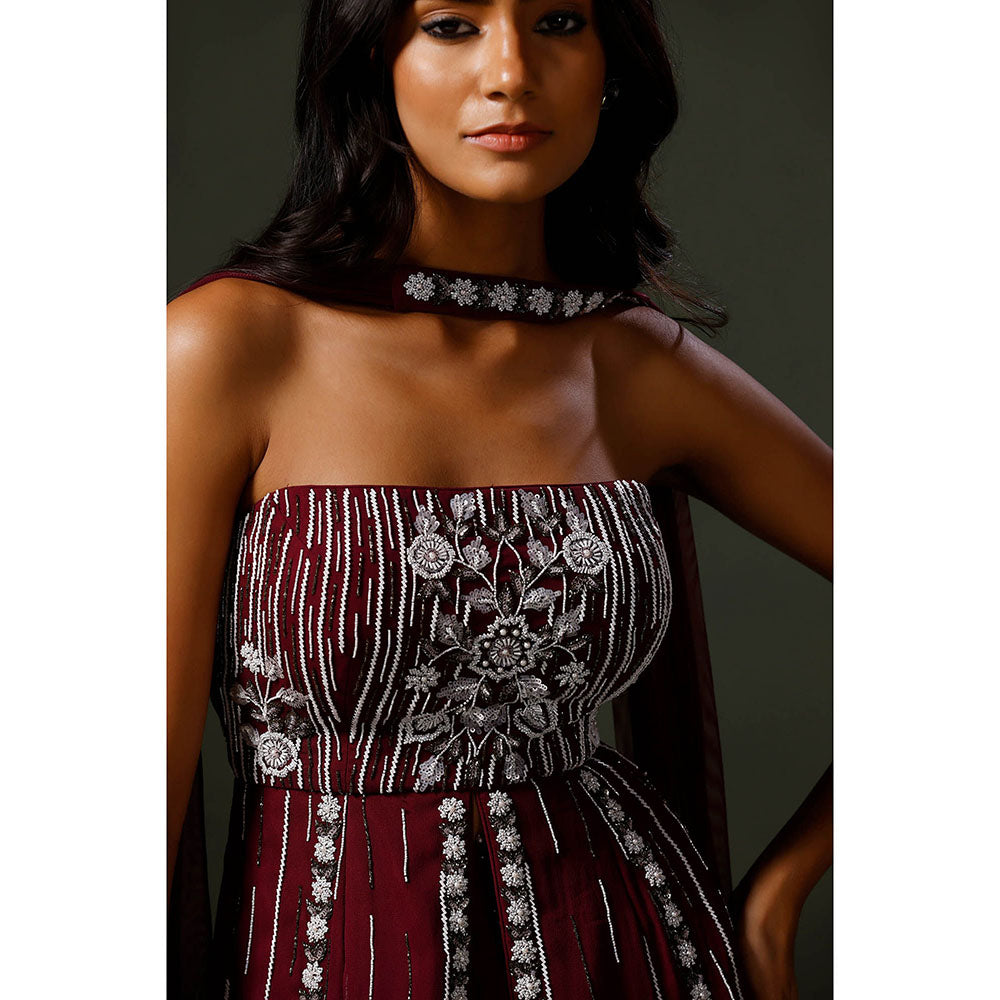 "Two Sisters" by Gyans Wine Peplum Tube Top with Sharara and Dupatta (Set of 3)