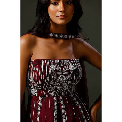 "Two Sisters" by Gyans Wine Peplum Tube Top with Sharara and Dupatta (Set of 3)