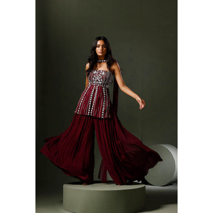 "Two Sisters" by Gyans Wine Peplum Tube Top with Sharara and Dupatta (Set of 3)