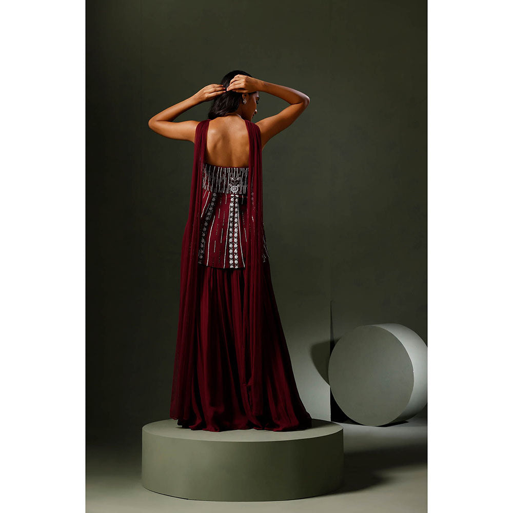 "Two Sisters" by Gyans Wine Peplum Tube Top with Sharara and Dupatta (Set of 3)