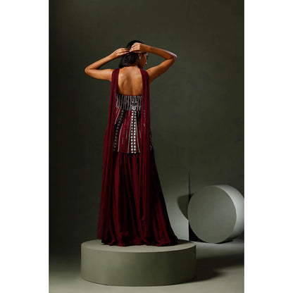 "Two Sisters" by Gyans Wine Peplum Tube Top with Sharara and Dupatta (Set of 3)