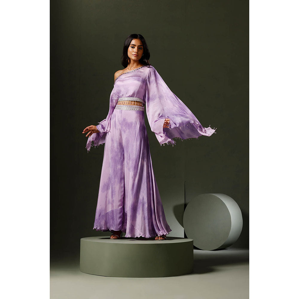 "Two Sisters" by Gyans Purple Tie & Dye Crop Top with Sharara Pants (Set of 2)