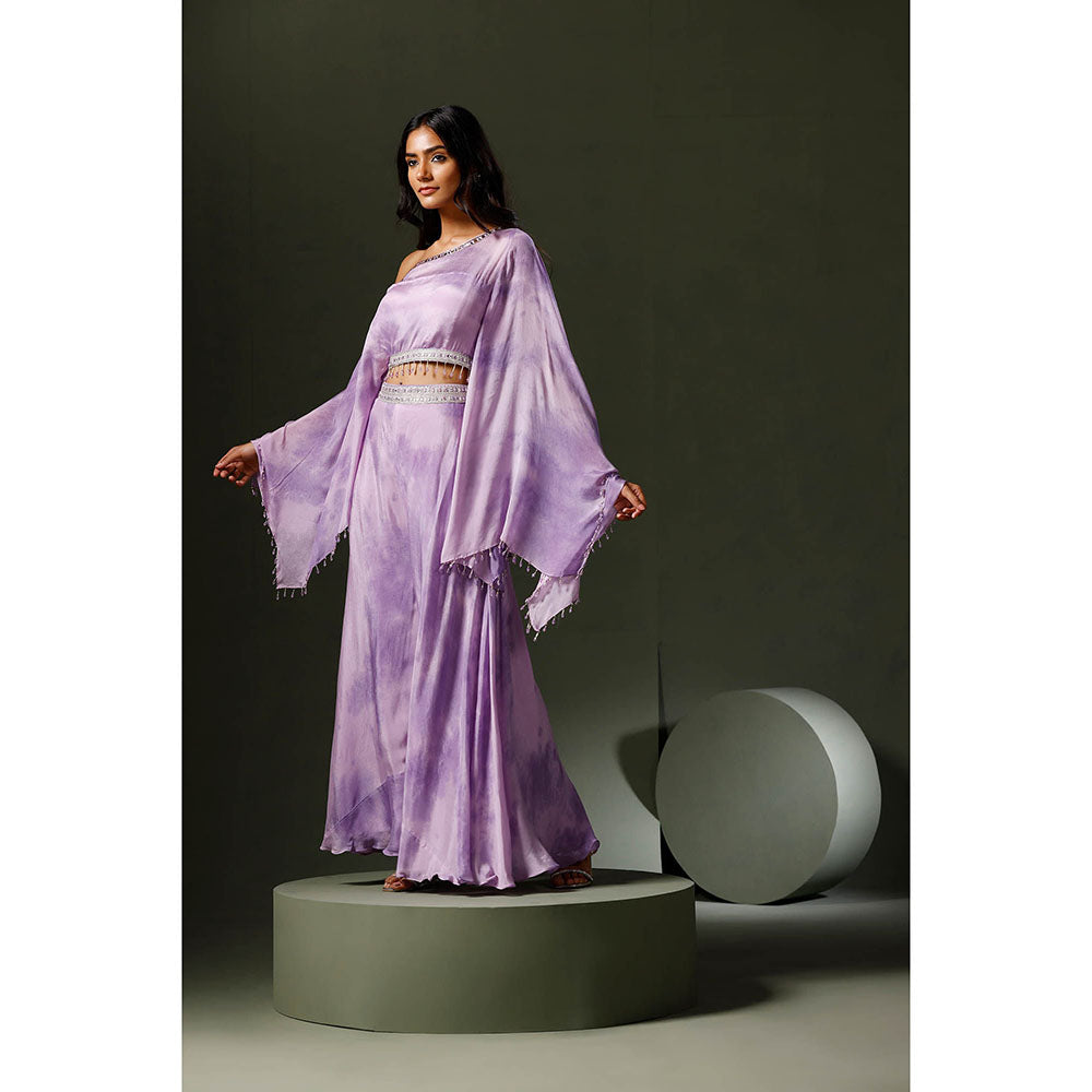 "Two Sisters" by Gyans Purple Tie & Dye Crop Top with Sharara Pants (Set of 2)