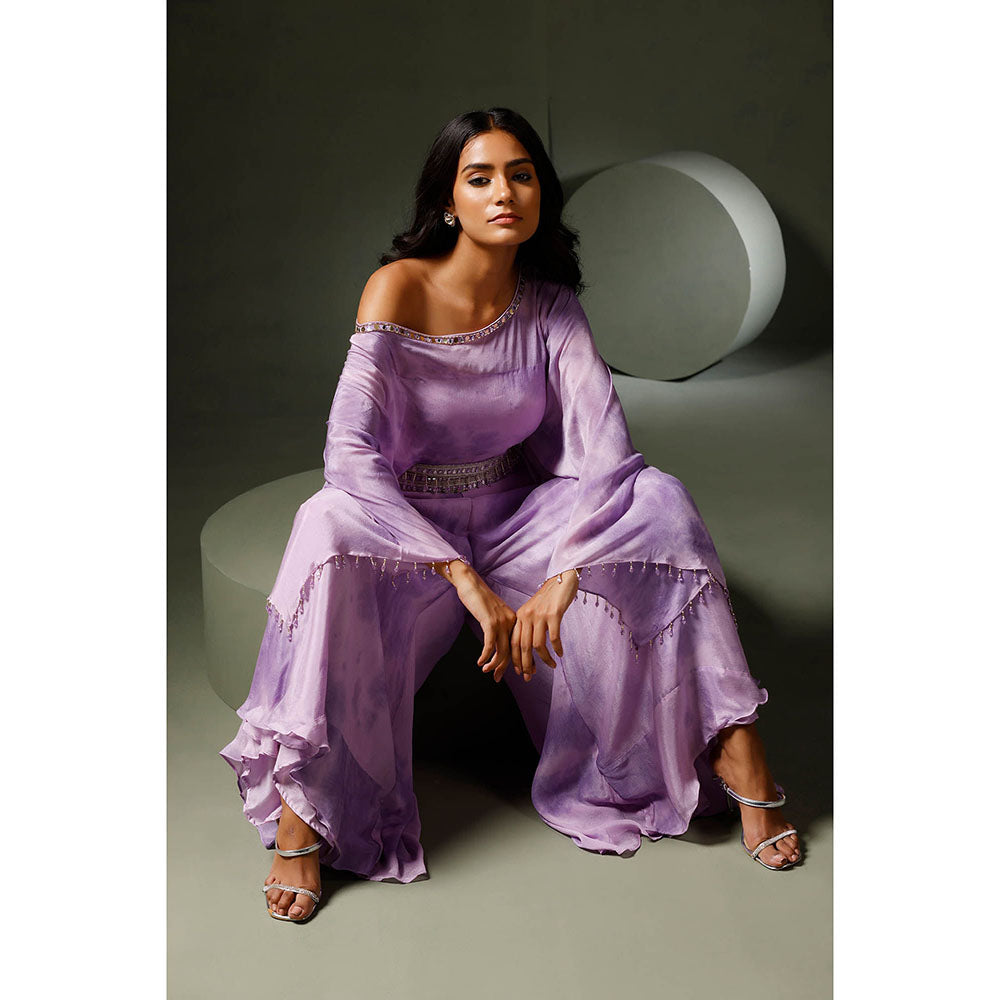 "Two Sisters" by Gyans Purple Tie & Dye Crop Top with Sharara Pants (Set of 2)