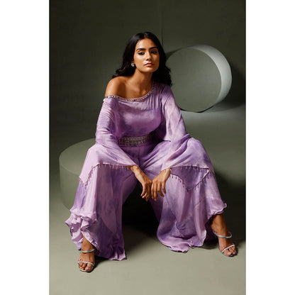 "Two Sisters" by Gyans Purple Tie & Dye Crop Top with Sharara Pants (Set of 2)